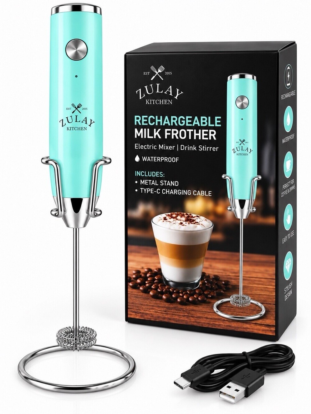 🩵 Zulay Kitchen Rechargeable Milk Frother, Turquoise Electric Mixer & Drink